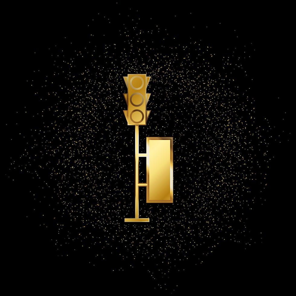 panneau d'affichage de rue, icône or de feu de circulation. illustration vectorielle de fond de particules dorées. icône de vecteur d'or