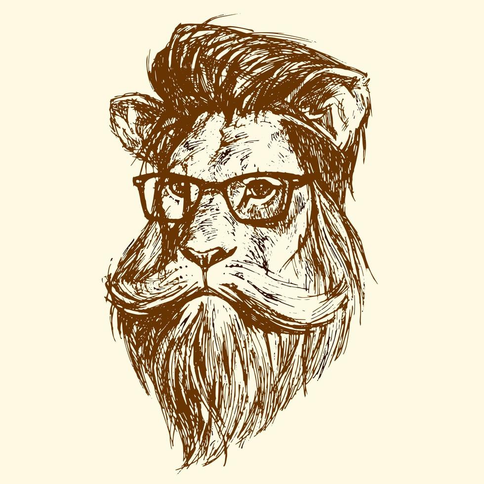 la tête d'un lion à lunettes, dessinée à l'encre. vecteur