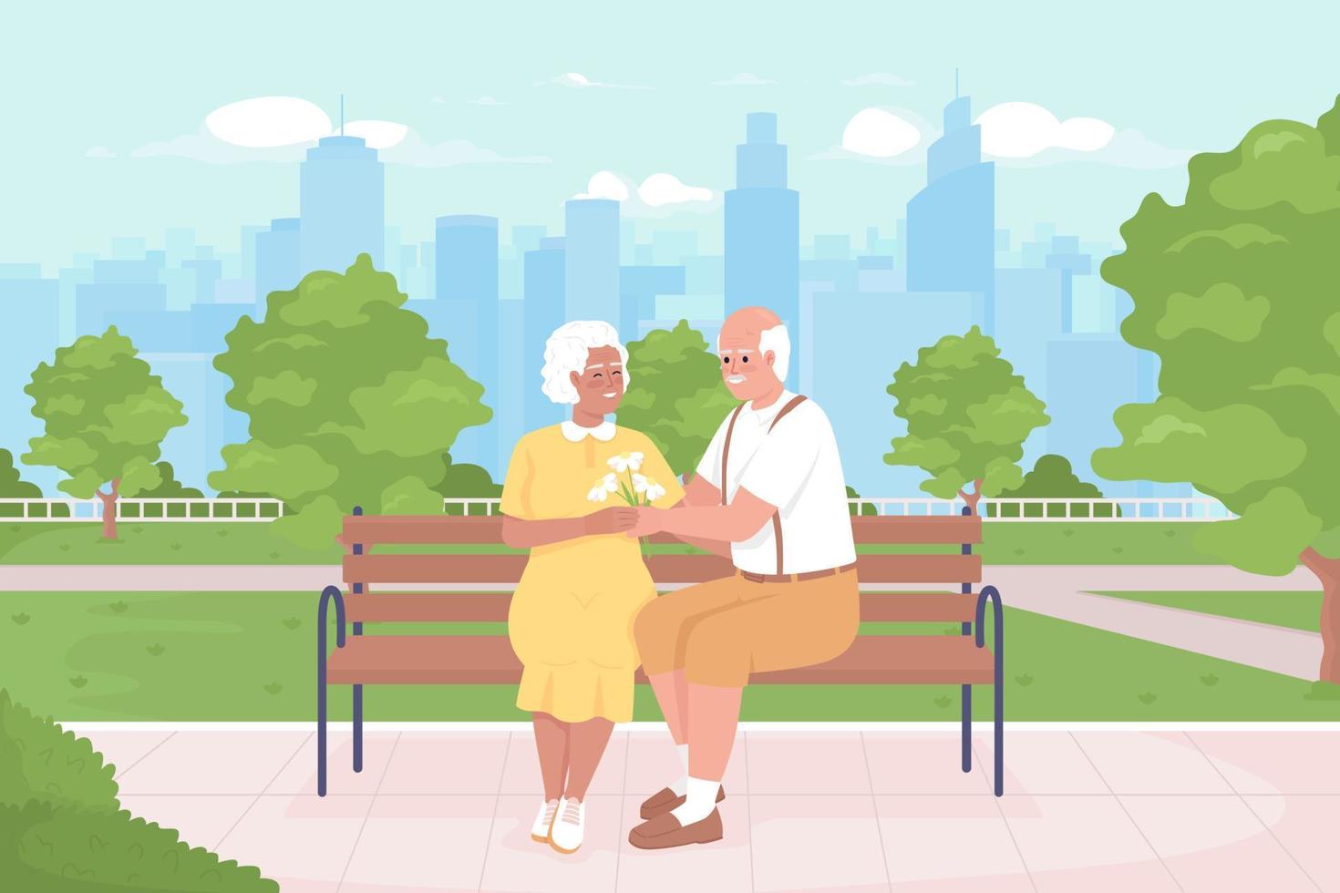 couple de personnes âgées sur illustration vectorielle de couleur plate date romantique. homme âgé donnant un bouquet à une femme âgée. passer du temps ensemble. personnages de dessins animés simples 2d entièrement modifiables avec parc en arrière-plan vecteur