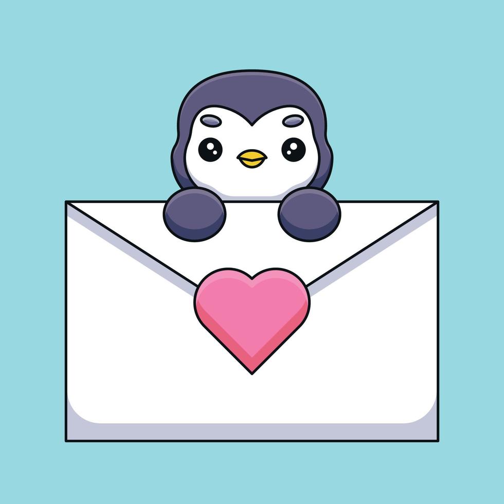 mignon pingouin tenant une lettre d'amour dessin animé mascotte doodle art dessiné à la main contour concept vecteur kawaii icône illustration