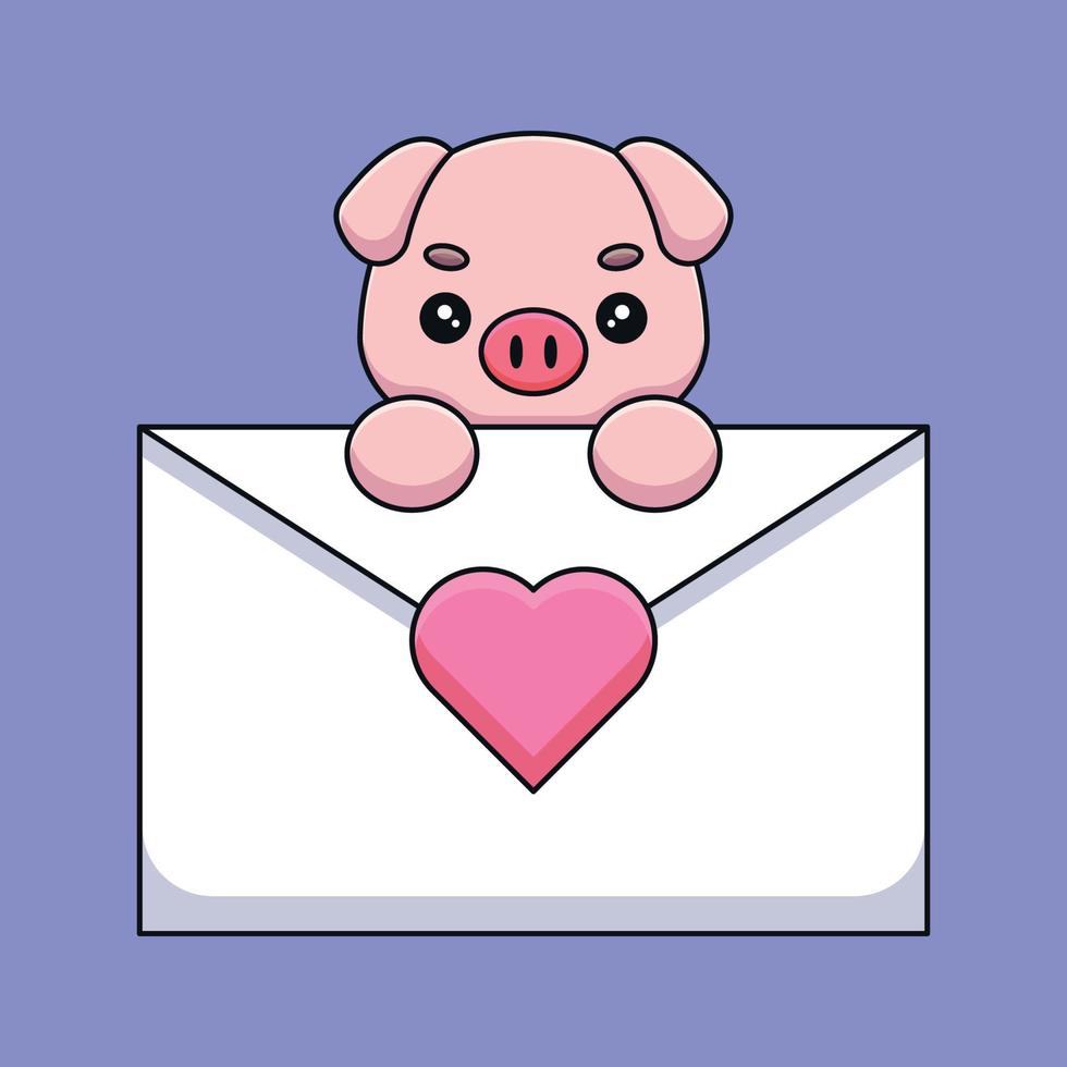 mignon cochon tenant une lettre d'amour dessin animé mascotte doodle art dessiné à la main contour concept vecteur kawaii icône illustration