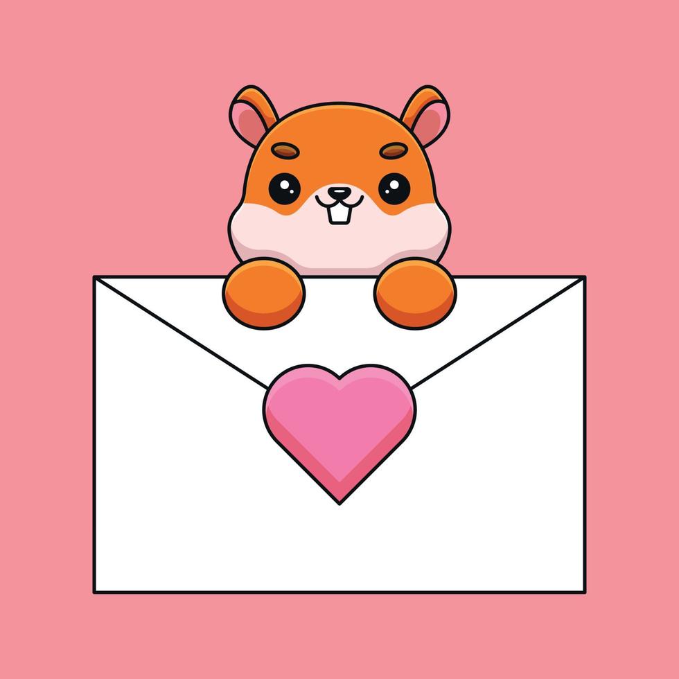 écureuil mignon tenant une lettre d'amour dessin animé mascotte doodle art dessiné à la main contour concept vecteur kawaii icône illustration