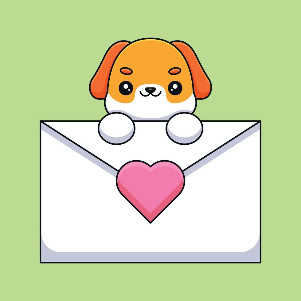 mignon chien tenant une lettre d'amour dessin animé mascotte doodle art dessiné à la main contour concept vecteur kawaii icône illustration