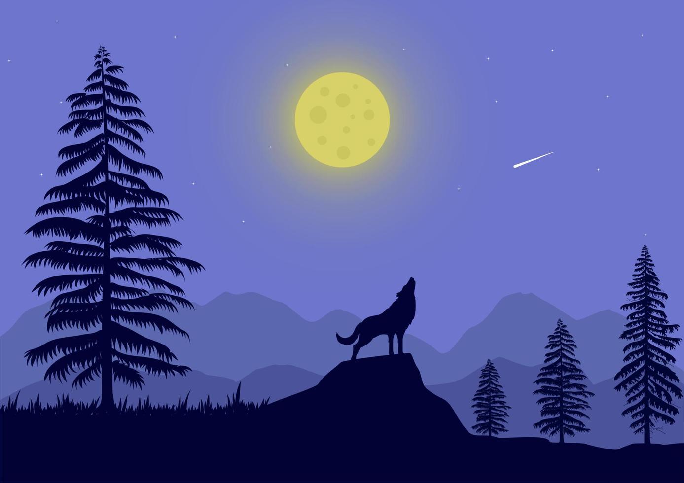paysage avec illustration vectorielle silhouette loup et lune vecteur