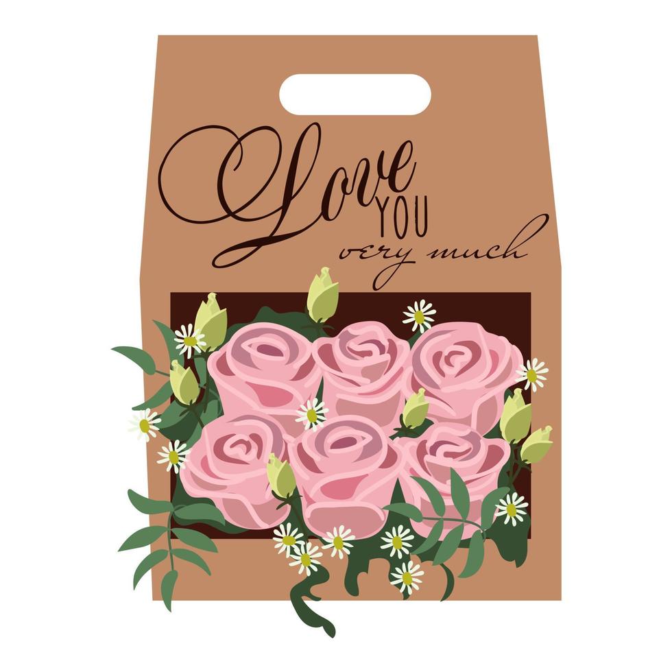 illustration d'un beau bouquet cadeau isolé sur fond blanc dans un style plat. un bouquet dans un emballage artisanal avec une étiquette de voeux. impression sur papier et textile de cartes postales, banderoles, remerciements vecteur