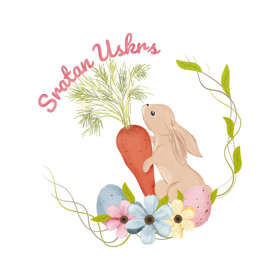 dessin vectoriel d'un lapin de Pâques. lapin avec marqueur et oeufs encadrés de feuilles pour la conception des vacances de pâques.