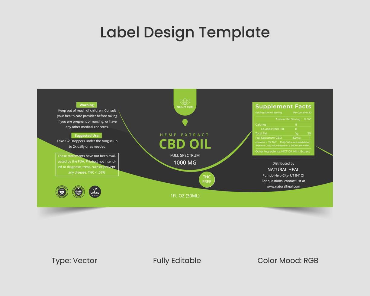 modèle de conception d'étiquette cbd, conception d'étiquette d'huile de chanvre et conception d'emballage de produit vecteur