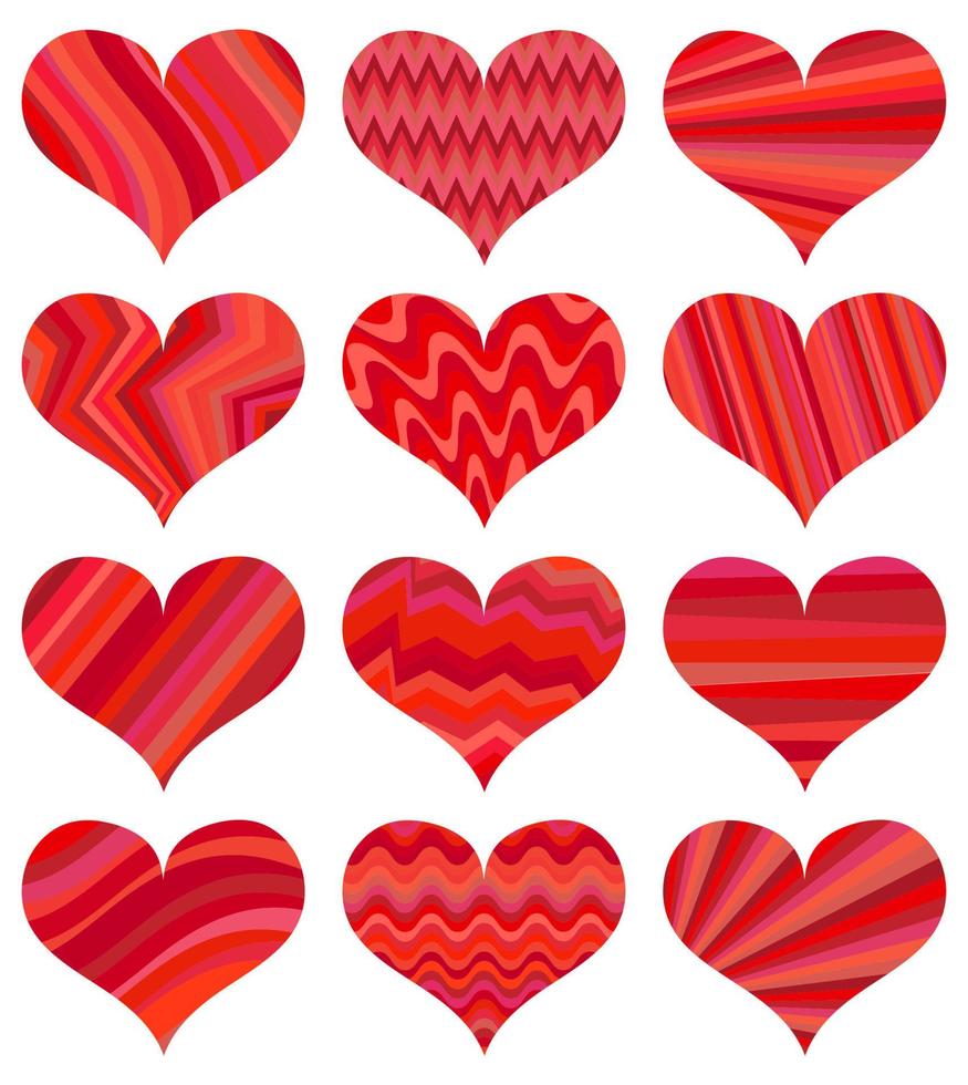 ensemble de différents coeurs rouges. douze coeurs isolés sur fond blanc. symbole de l'amour. éléments pour le modèle de mariage. vecteur