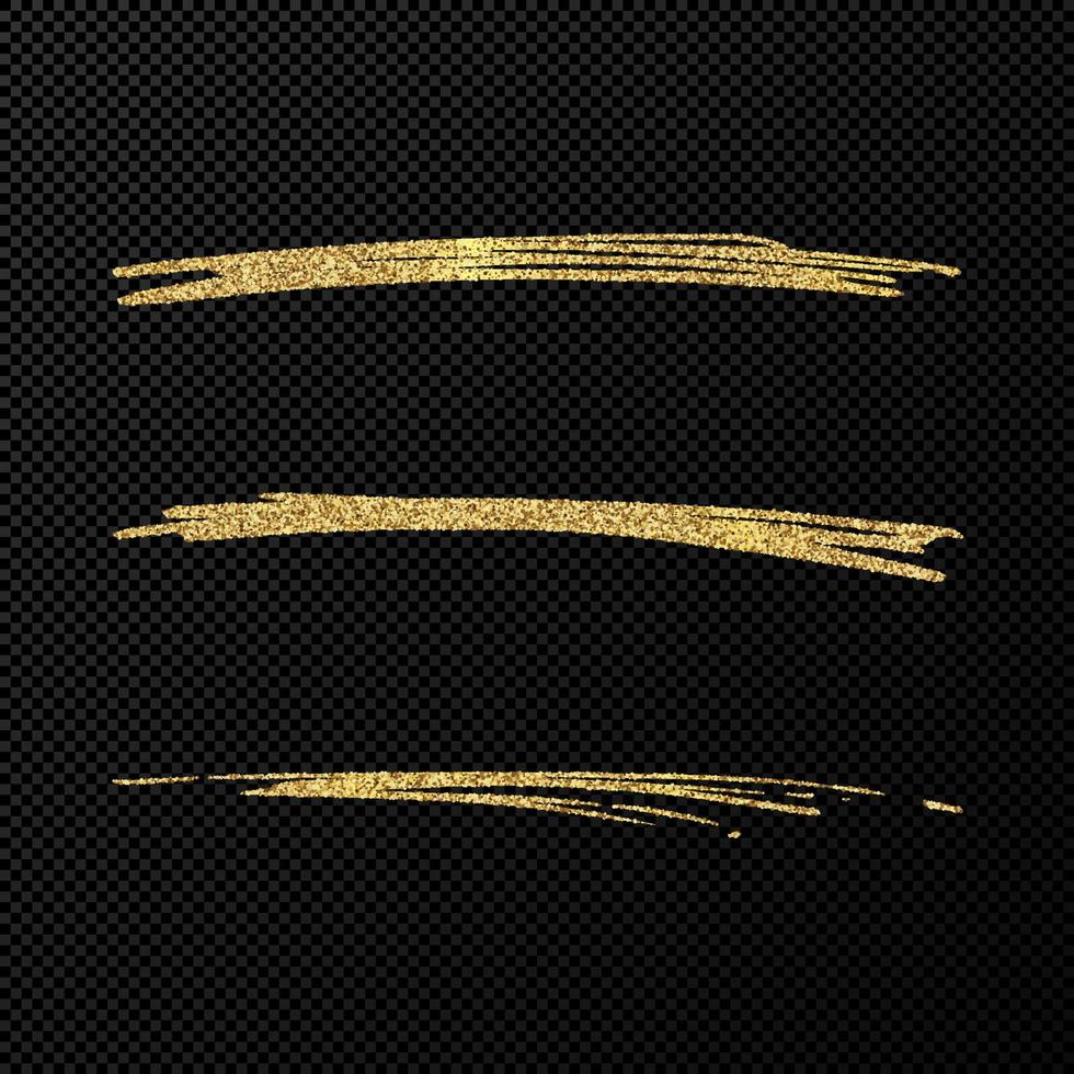 vagues scintillantes abstraites de confettis brillants. ensemble de trois coups de pinceau dorés dessinés à la main sur fond noir transparent. illustration vectorielle vecteur