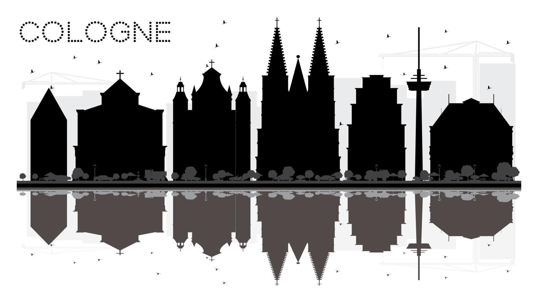 cologne allemagne city skyline silhouette noir et blanc avec des reflets. vecteur