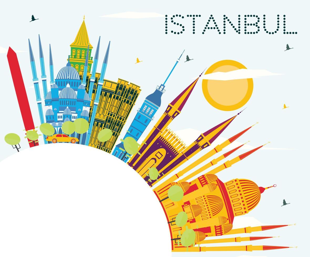 horizon de la ville d'istanbul en turquie avec des bâtiments de couleur, un ciel bleu et un espace de copie. vecteur