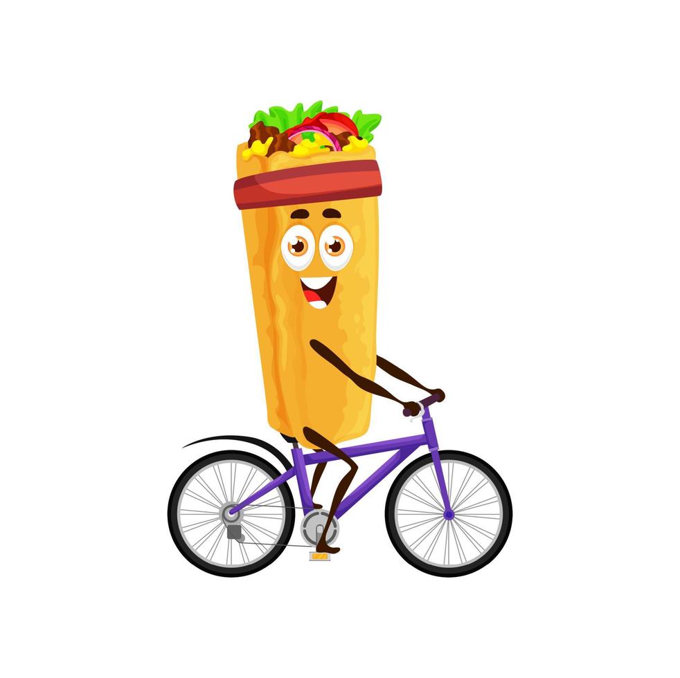 personnage de dessin animé shawarma à vélo, restauration rapide vecteur