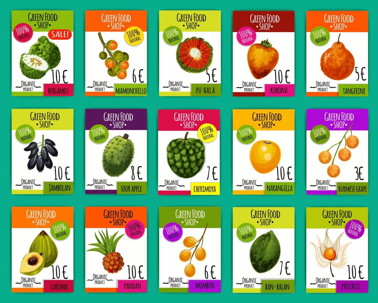 cartes de prix de vecteur de marché agricole de fruits exotiques