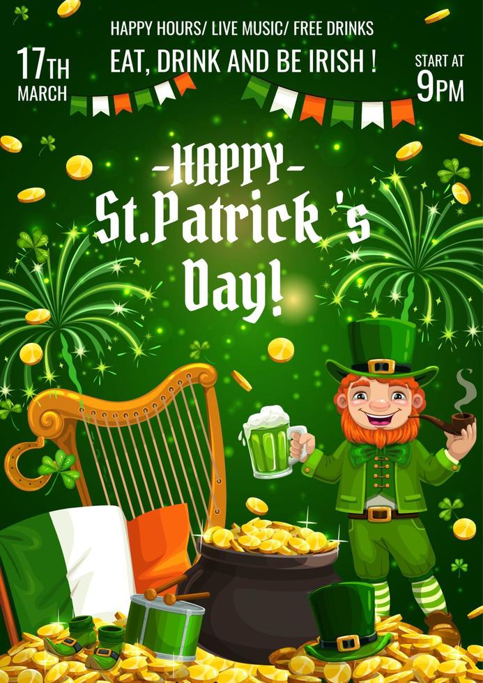 invitation st. patricks day, lutin, harpe d'or vecteur