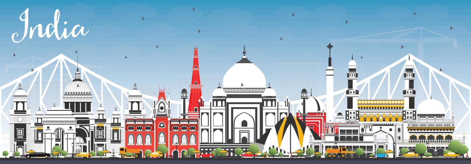 horizon de la ville de l'inde avec des bâtiments de couleur et un ciel bleu. Delhi. Hyderâbâd. Calcutta. vecteur