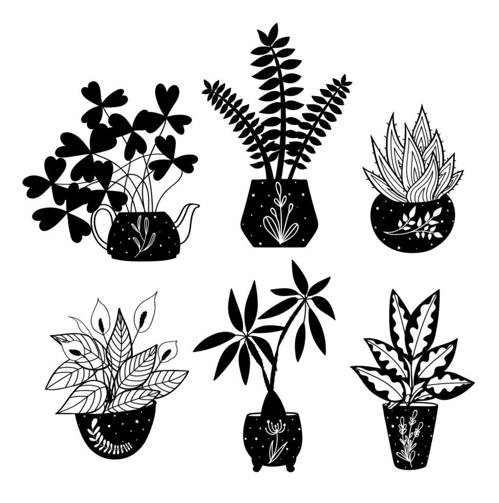ensemble de plantes en pot. plantes d'intérieur. style doodle dessiné à la main. illustration de stock de vecteur. vecteur