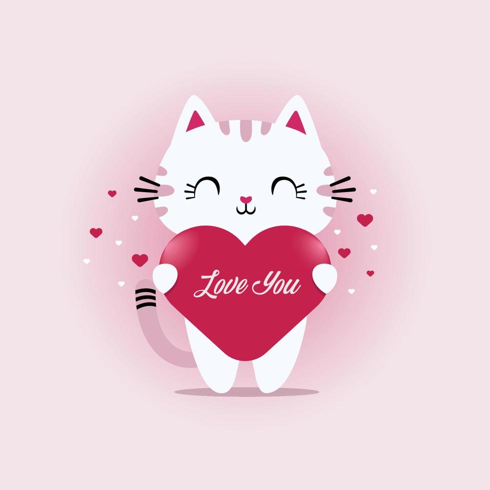 bonne saint valentin, avec le thème d'un joli chat minou tenant un symbole de coeur avec les mots, je t'aime. vecteur