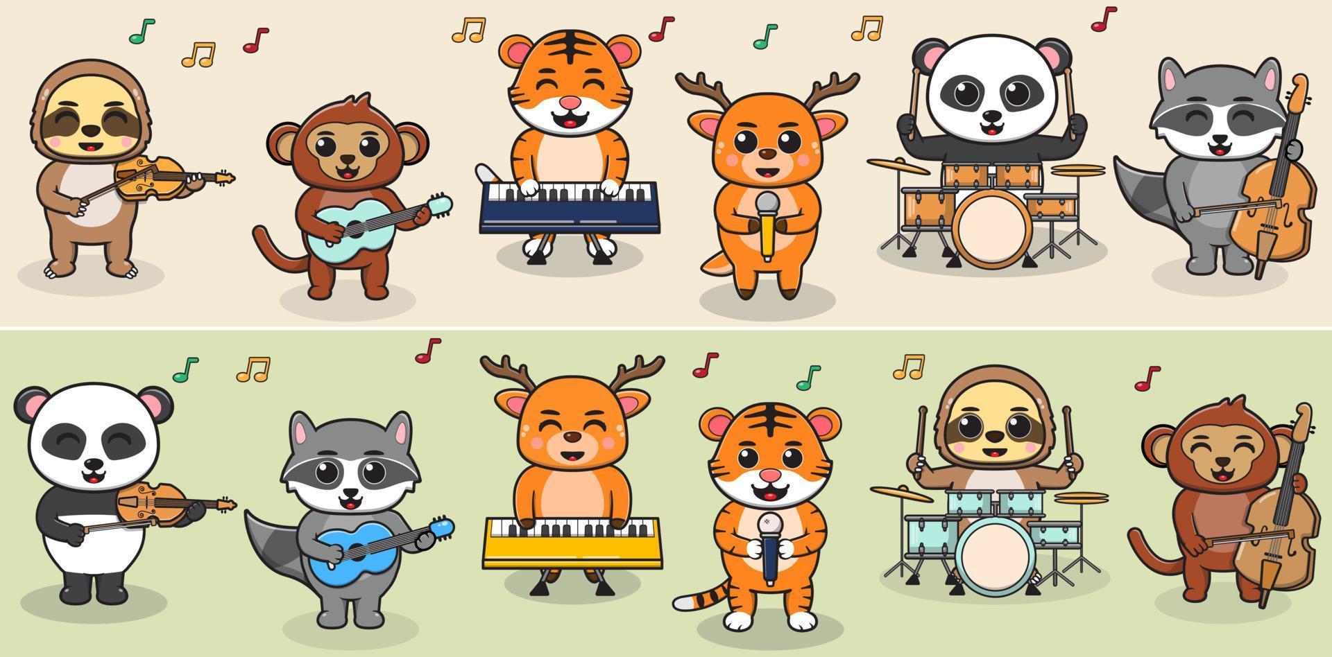 groupe de musique de jeu d'animaux de la forêt de dessin animé. paresseux, singe, tigre, cerf, panda et raton laveur. illustration sertie de différents animaux. animaux jouant des instruments de musique. vecteur