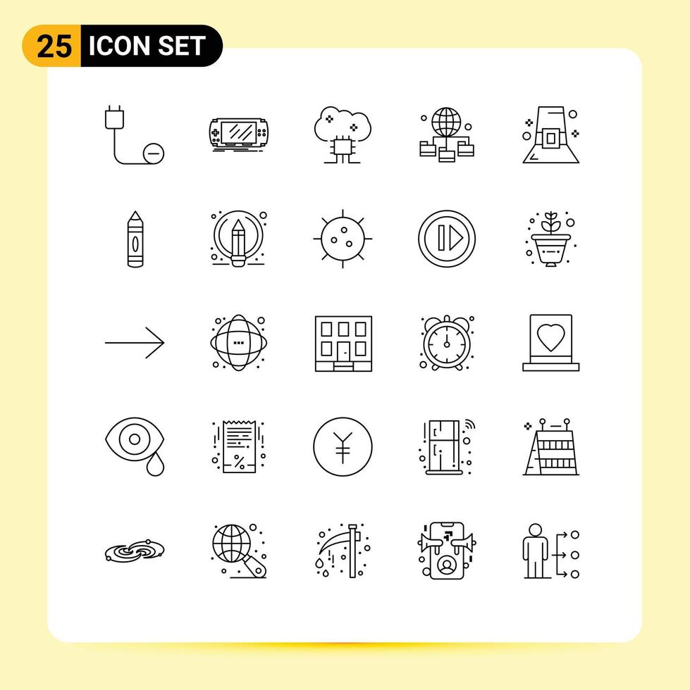 groupe de 25 lignes signes et symboles pour la technologie globe logiciel de jeu en nuage mise en réseau en nuage éléments de conception vectoriels modifiables vecteur