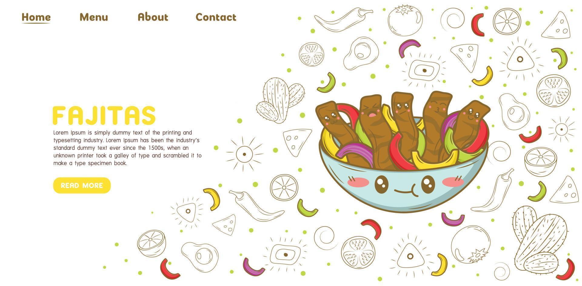 modèle de site web de page de destination de fajitas de cuisine mexicaine avec des éléments de dessin animé de doodle vecteur