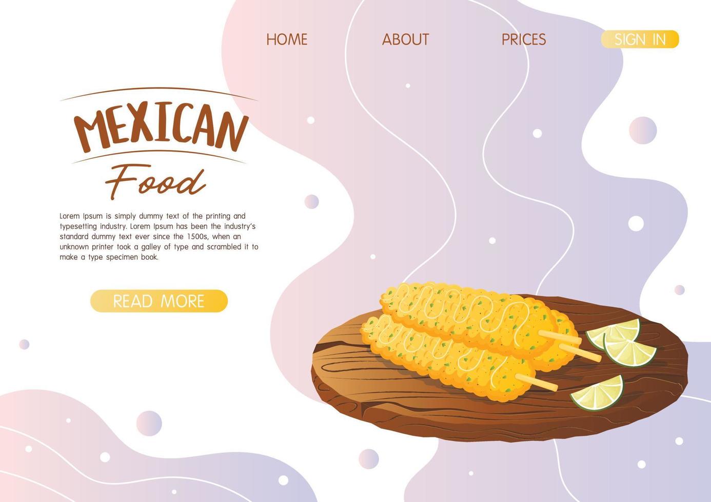 modèle de page de destination de site Web avec plat mexicain elotes maïs rôti de rue sur un plateau en bois. restauration rapide et collations de rue, tortillas à la viande, livraison de plats à emporter vecteur