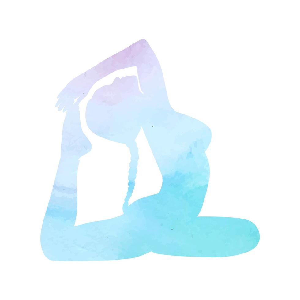 silhouette de femme de yoga dans la pose de pigeon roi, texture bleu aqua aquarelle dessin à la main. vecteur