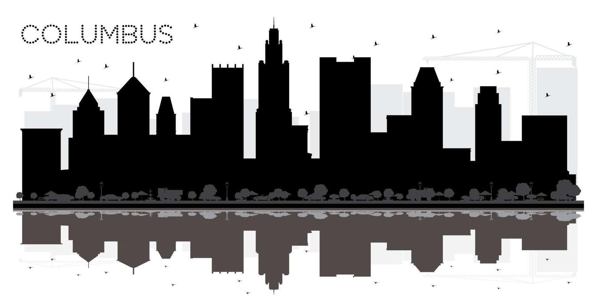 columbus ohio city skyline silhouette noire et blanche avec des reflets. vecteur