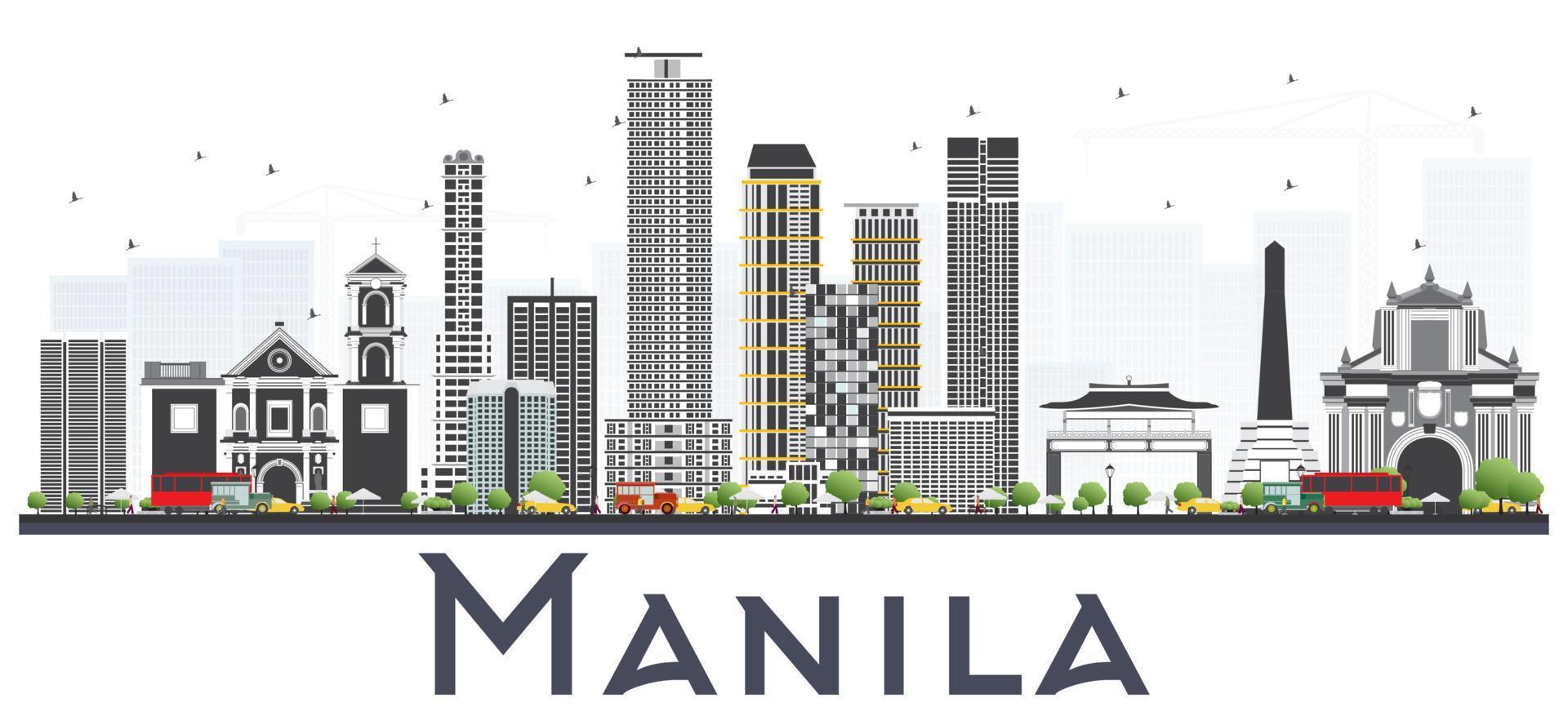 horizon de la ville de manille philippines avec des bâtiments gris isolés sur fond blanc. vecteur