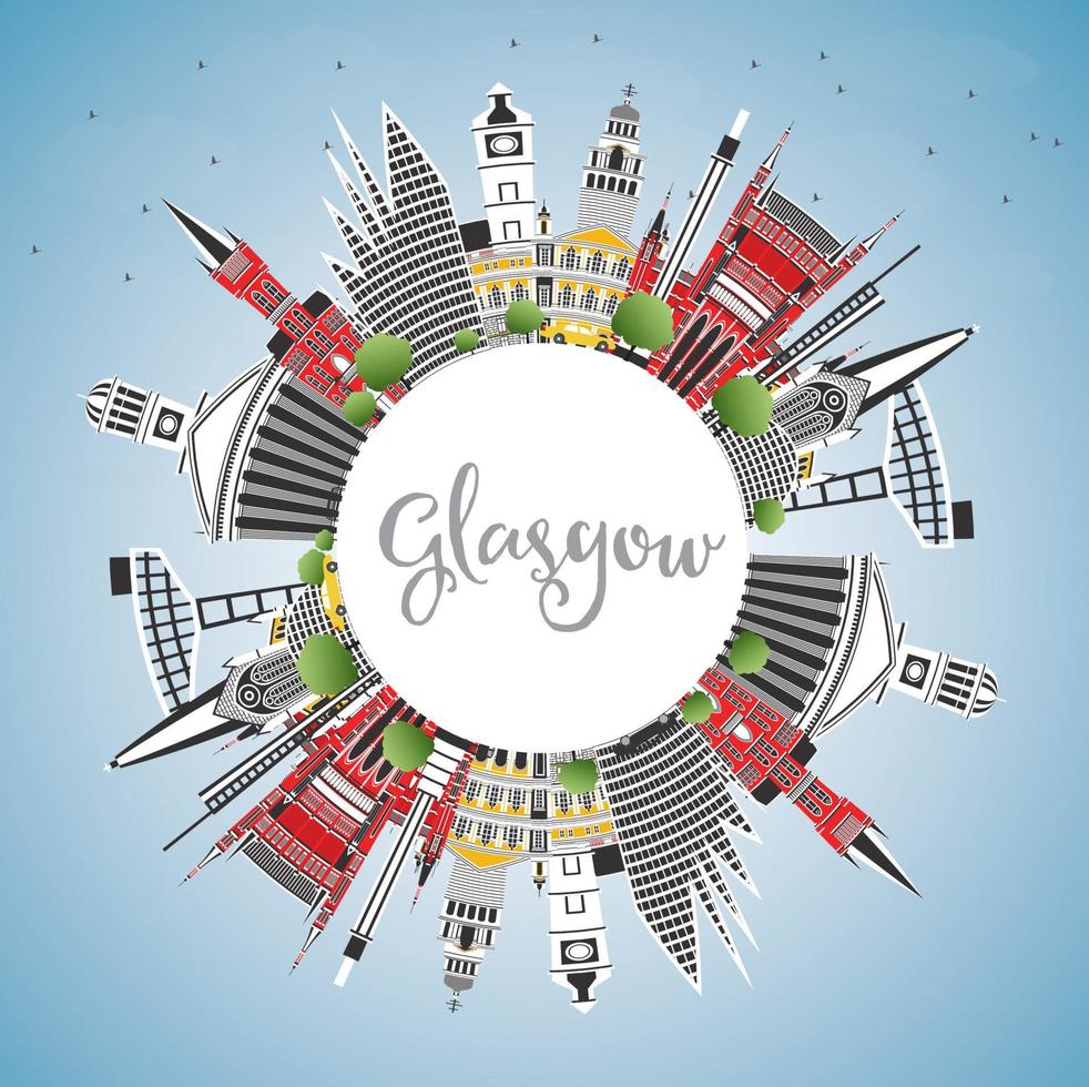 glasgow ecosse toits de la ville avec des bâtiments de couleur, ciel bleu et espace de copie. vecteur