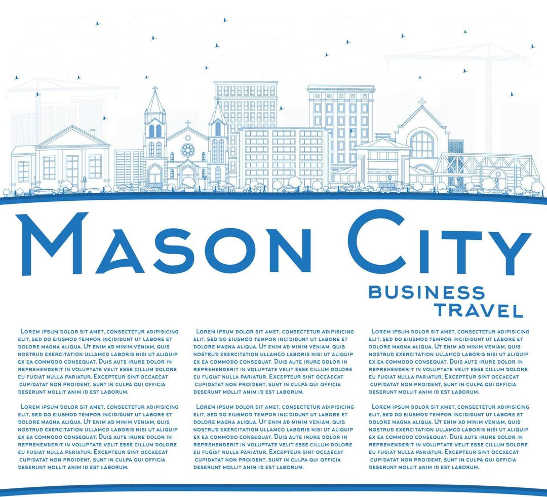 contour de l'horizon de mason city iowa avec des bâtiments bleus et un espace de copie. vecteur