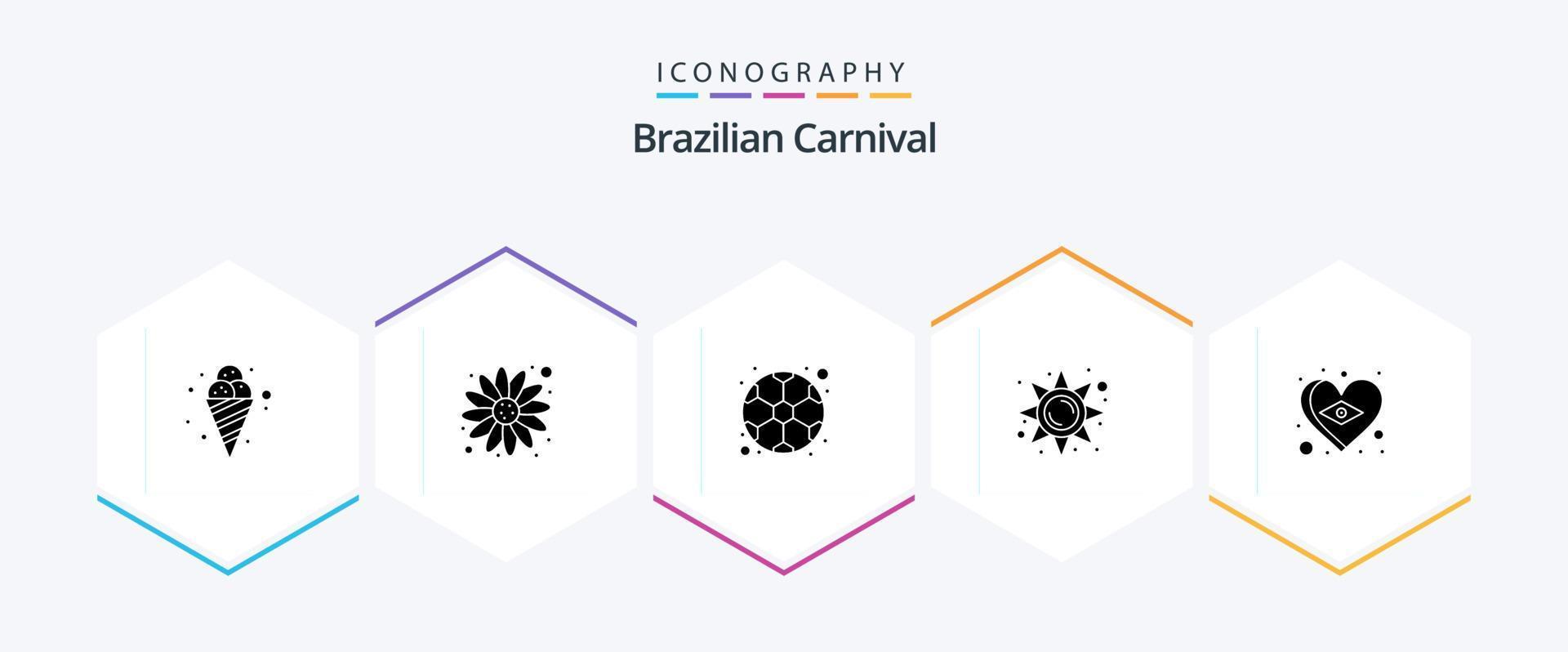 pack d'icônes de 25 glyphes du carnaval brésilien, y compris le cœur. Brésil. Football. lumière du soleil. lumière vecteur
