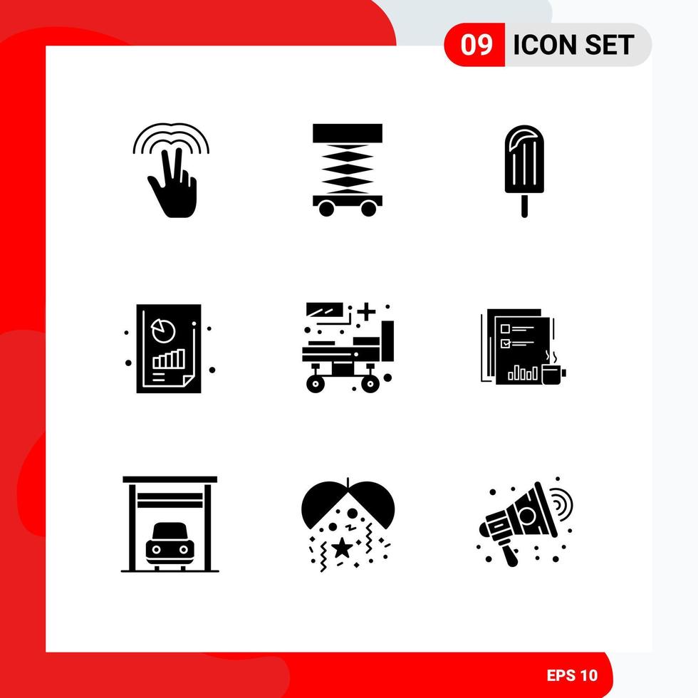 ensemble moderne de 9 glyphes et symboles solides tels que l'analyse graphique de l'hôpital rapport financier de plage rapport de productivité d'entreprise éléments de conception vectoriels modifiables vecteur