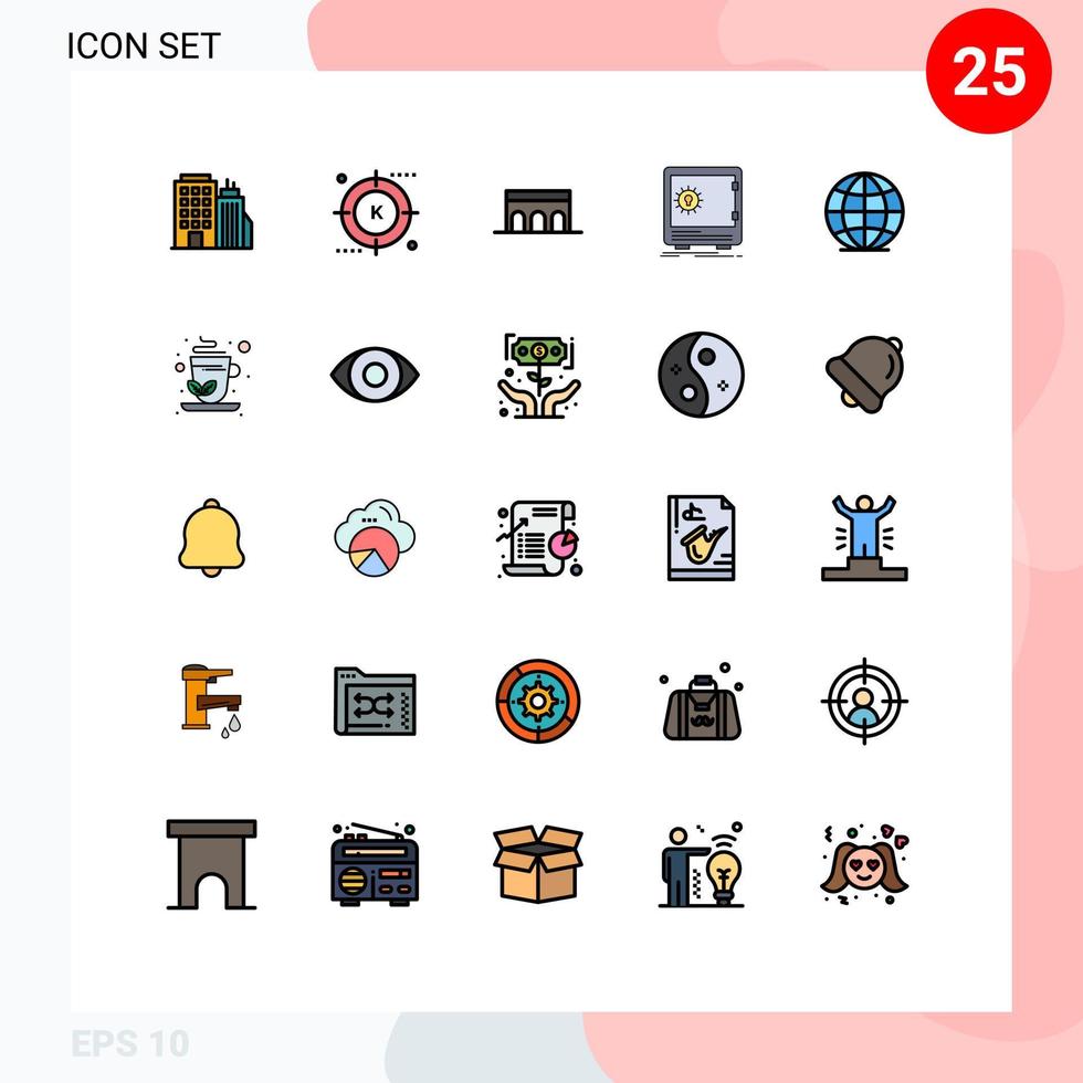 interface mobile ligne remplie couleur plate ensemble de 25 pictogrammes d'éléments de conception vectoriels historiques modifiables de banque de recherche de dépôt de sécurité vecteur
