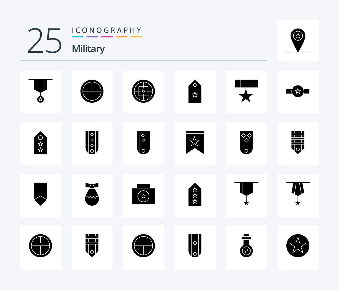 pack d'icônes militaires de 25 glyphes solides, y compris la médaille. prix. soldat. étiqueter. rang vecteur