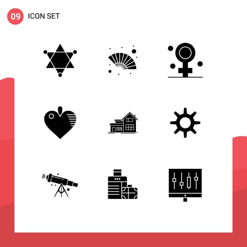 ensemble moderne de 9 pictogrammes de glyphes solides d'éléments de conception vectoriels modifiables de coeur de maison féminine d'appartement vecteur
