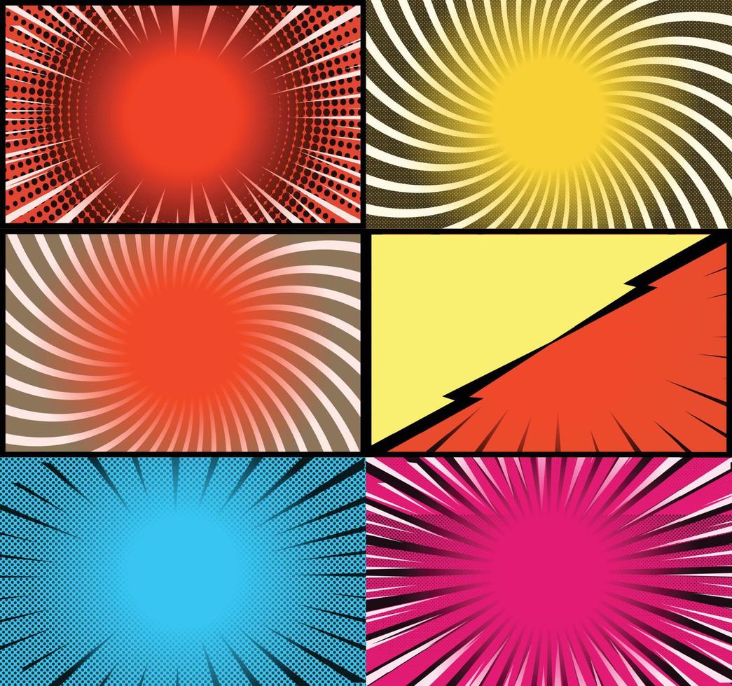 fond de cadres colorés de bande dessinée avec des rayons de demi-teintes effets radiaux et pointillés style pop art vecteur