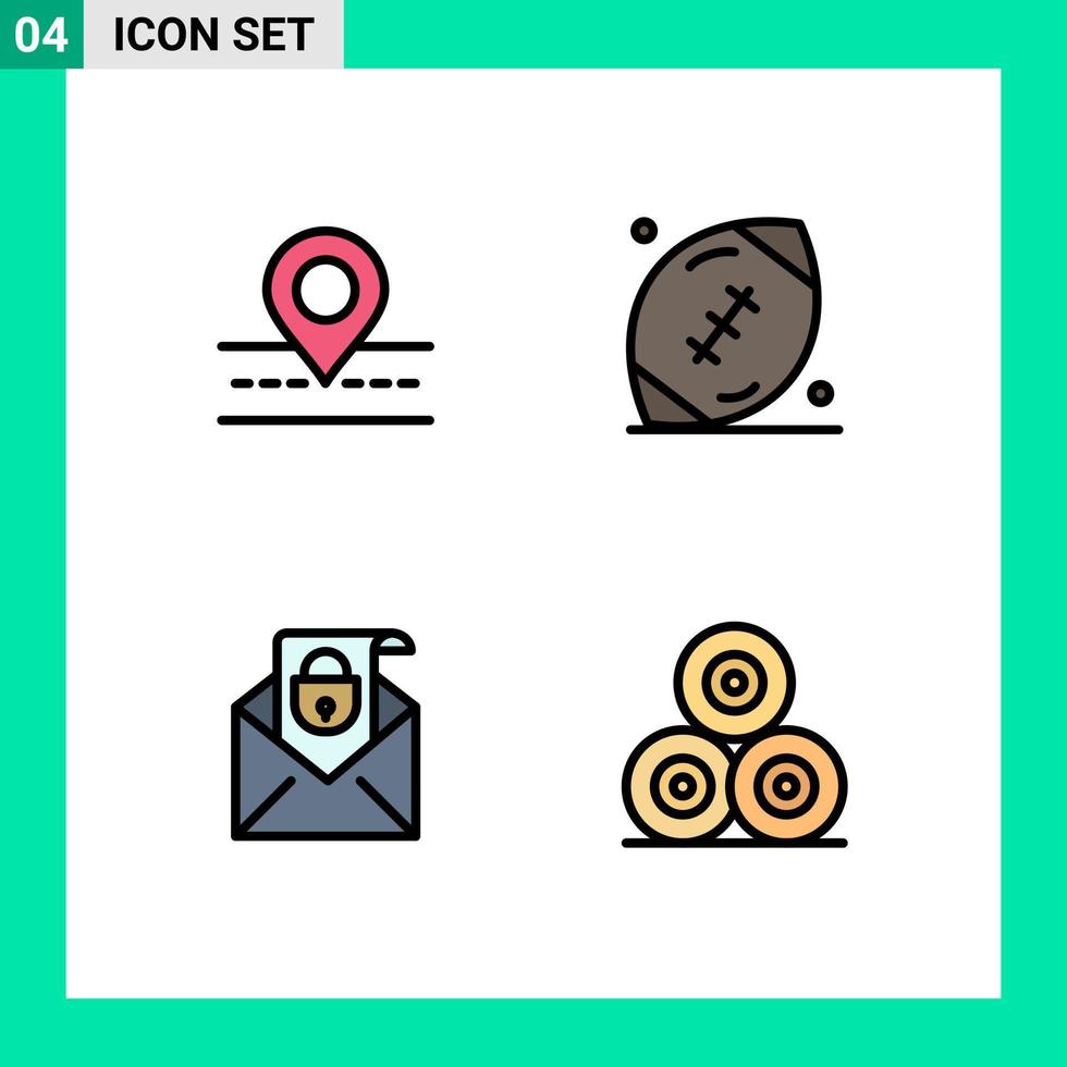 ensemble moderne de 4 pictogrammes de couleurs plates remplies d'éléments de conception vectoriels modifiables de message de football de carte de courrier routier vecteur