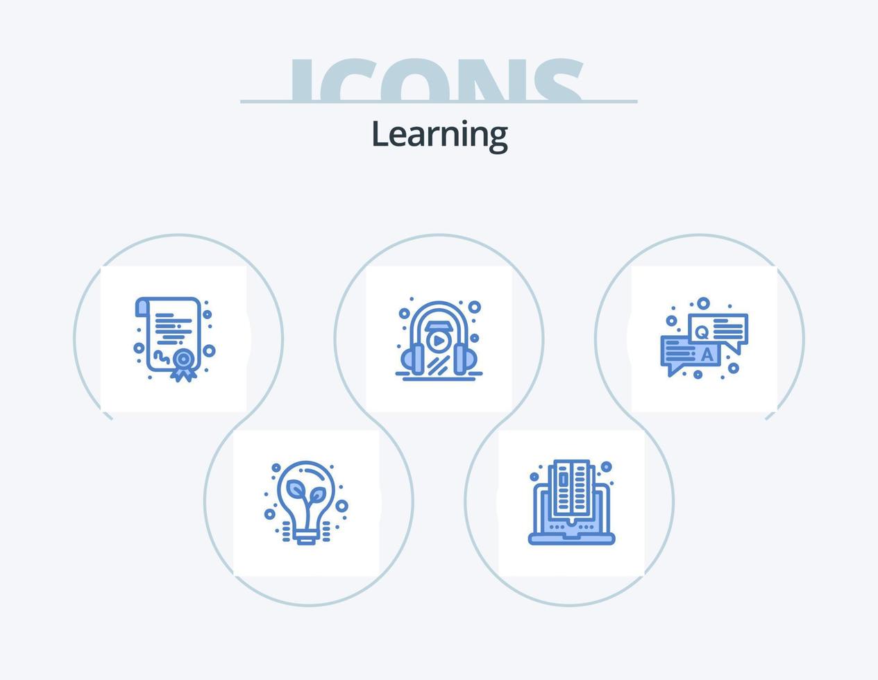pack d'icônes bleues d'apprentissage 5 conception d'icônes. question. réponse. certification. jouer. casque de musique vecteur