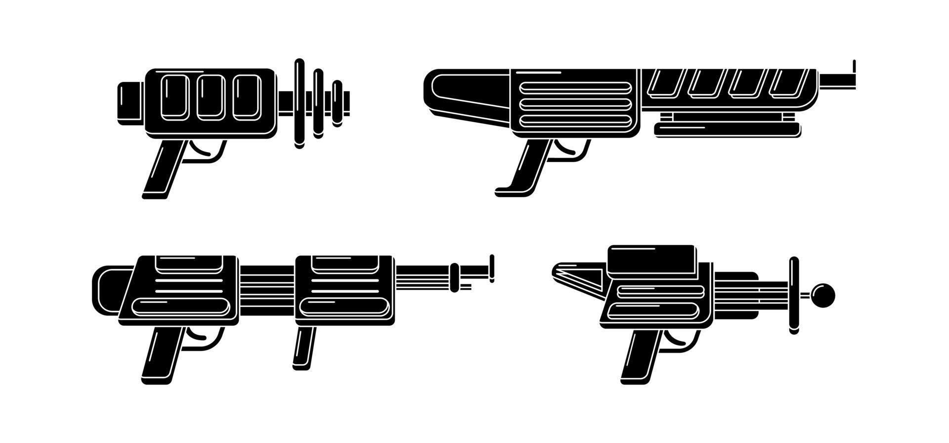 collection de blasters de glyphes vectoriels. quatre armes à feu ensemble dans des tampons en caoutchouc noir vecteur