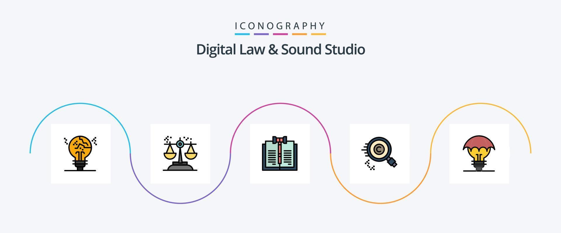 loi numérique et ligne de studio sonore remplie de 5 icônes plates, y compris trouver. contenu. jugement. enregistrements. numérique vecteur