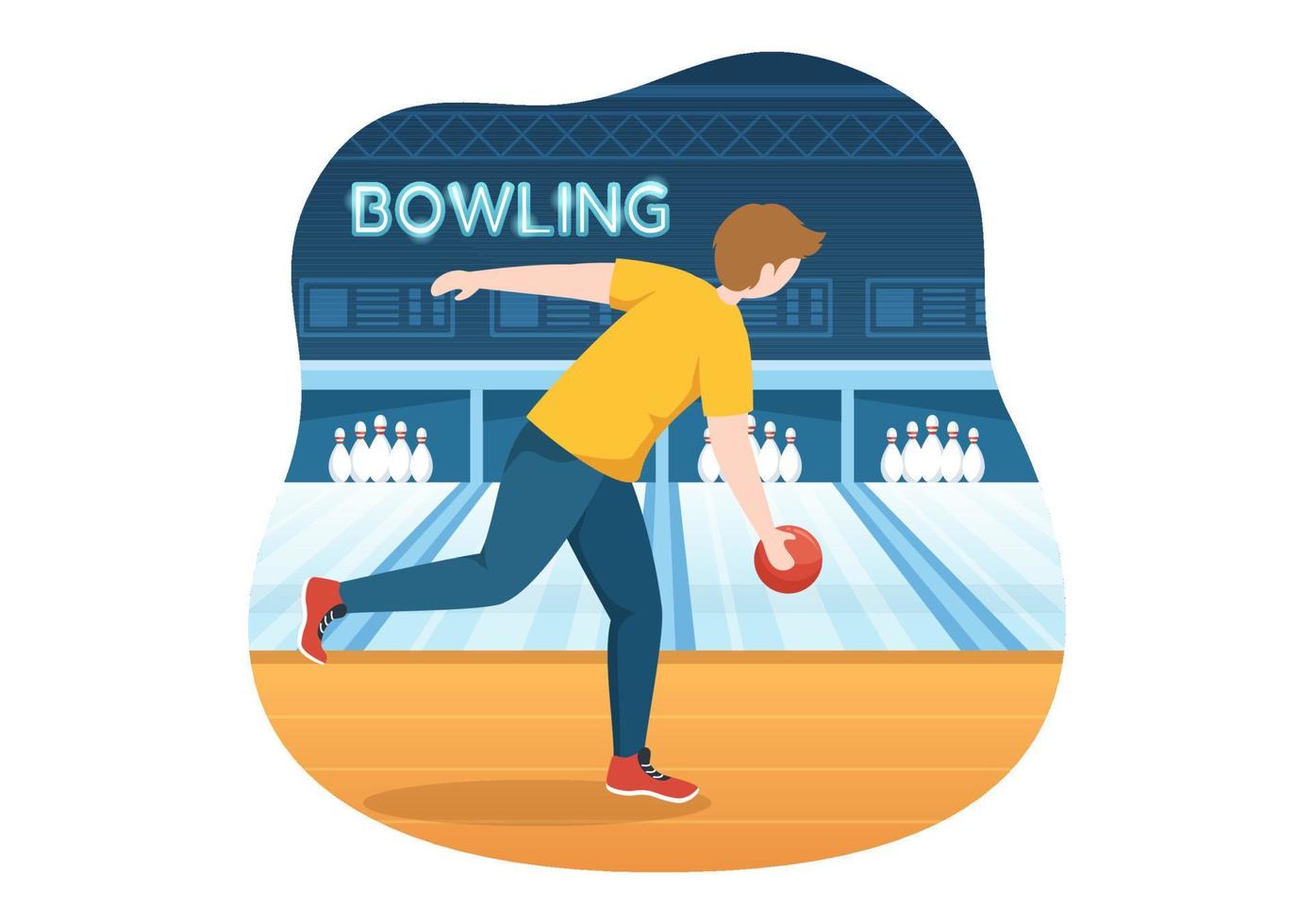 illustration de jeu de bowling avec des épingles, des boules et des tableaux de bord dans un club de sport pour une bannière web ou une page de destination dans des modèles dessinés à la main de dessin animé plat vecteur