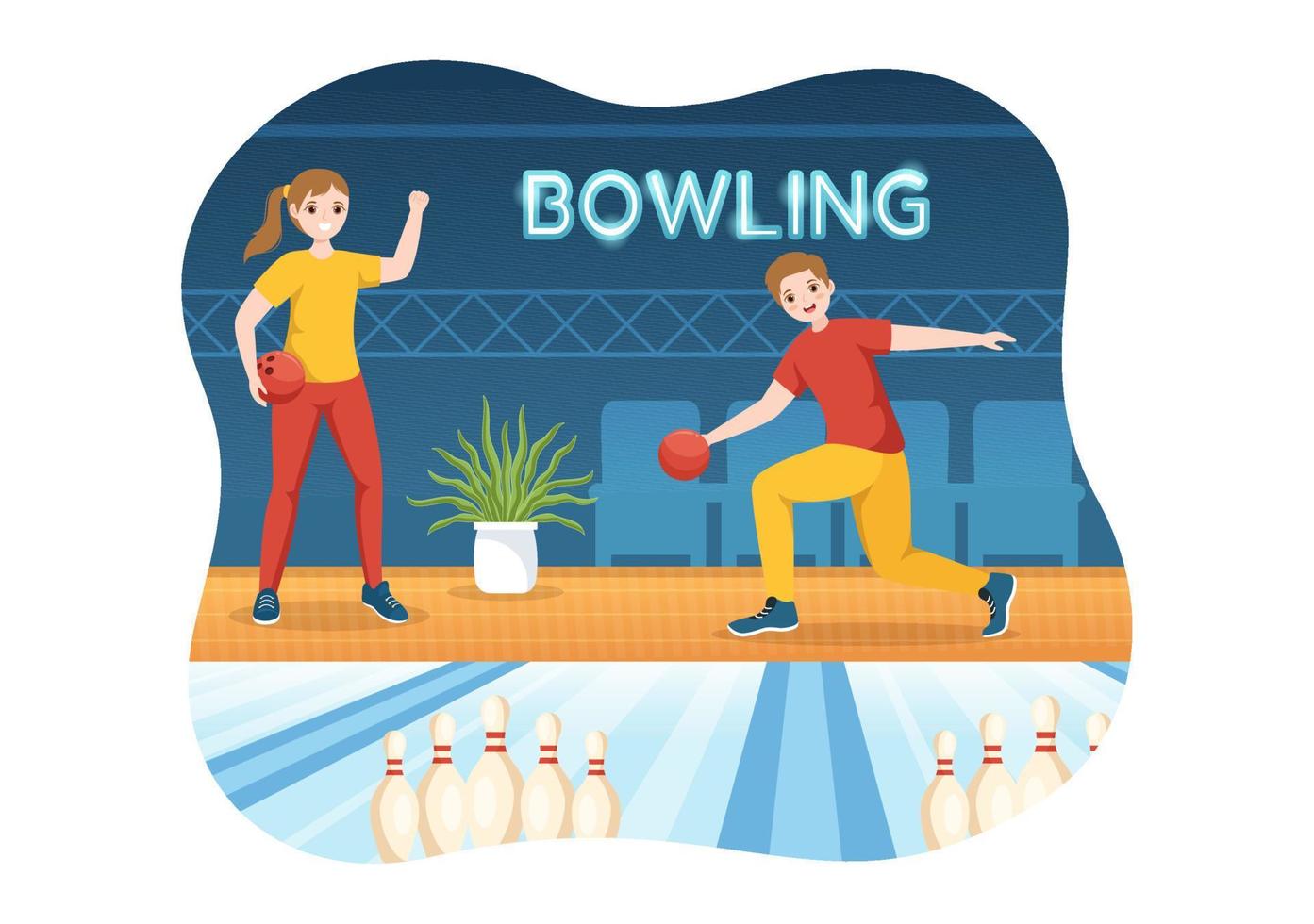 illustration de jeu de bowling avec des épingles, des boules et des tableaux de bord dans un club de sport pour une bannière web ou une page de destination dans des modèles dessinés à la main de dessin animé plat vecteur