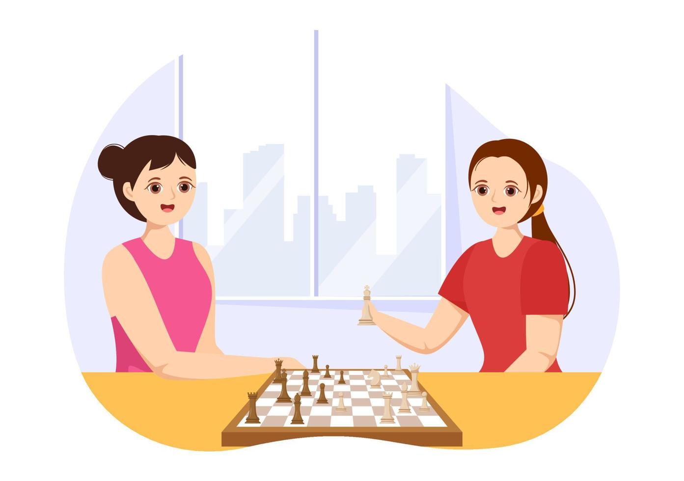 illustration de jeu d'échecs avec des personnes assises en face et jouant pour une bannière web ou une page de destination en illustration de modèles dessinés à la main vecteur