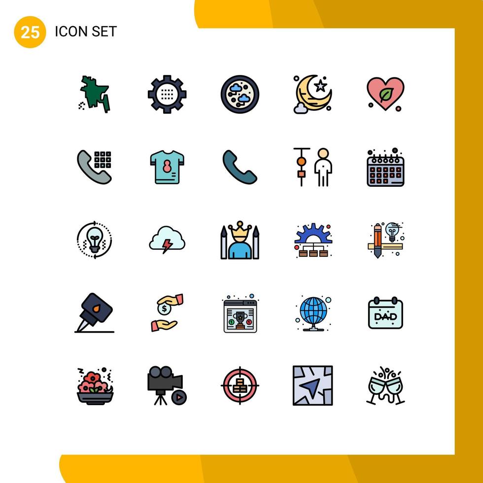 interface mobile ligne remplie couleur plate ensemble de 25 pictogrammes d'éléments de conception vectoriels modifiables étoile lune connectés au coeur du monde vecteur