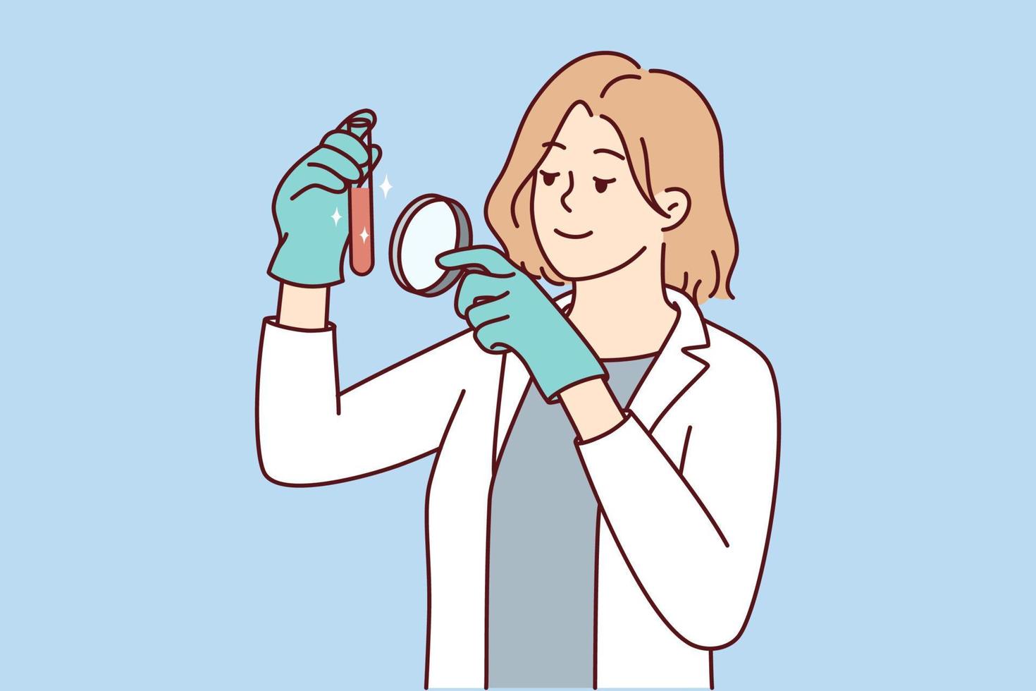femme scientifique en uniforme médical blanc explore le tube avec une loupe. une chercheuse analyse un échantillon de laboratoire avec une loupe. illustration vectorielle. vecteur