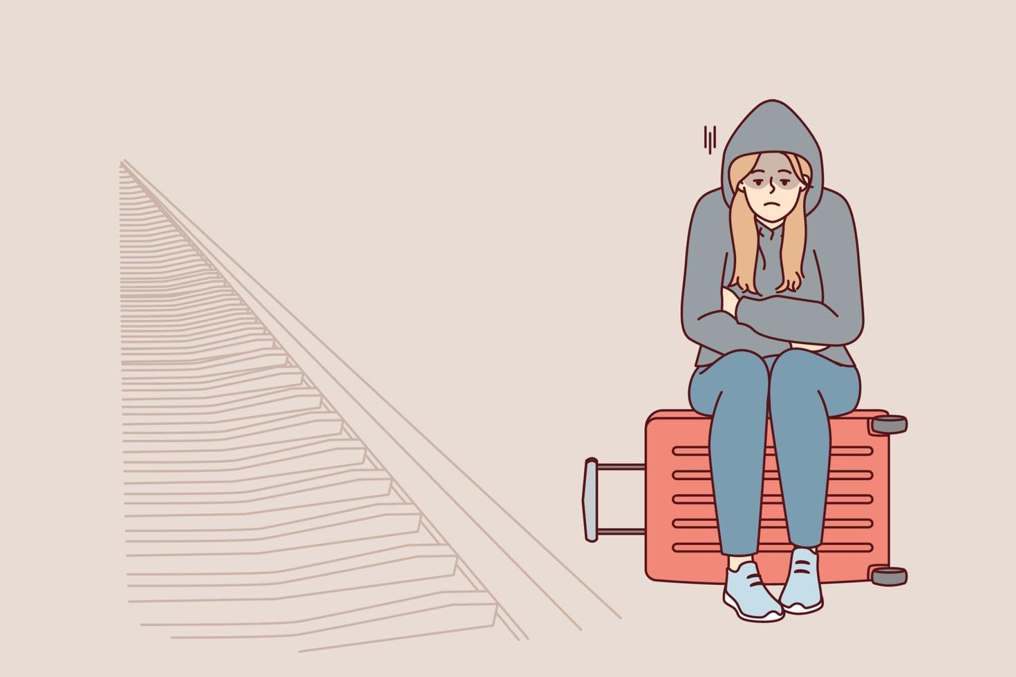 une femme fatiguée est assise sur une valise près du chemin de fer en attendant le train et est triste à cause du manque d'argent pour le billet. une fille malheureuse dans le capot a raté le train qui se fige à la gare seule. illustration vectorielle plane vecteur