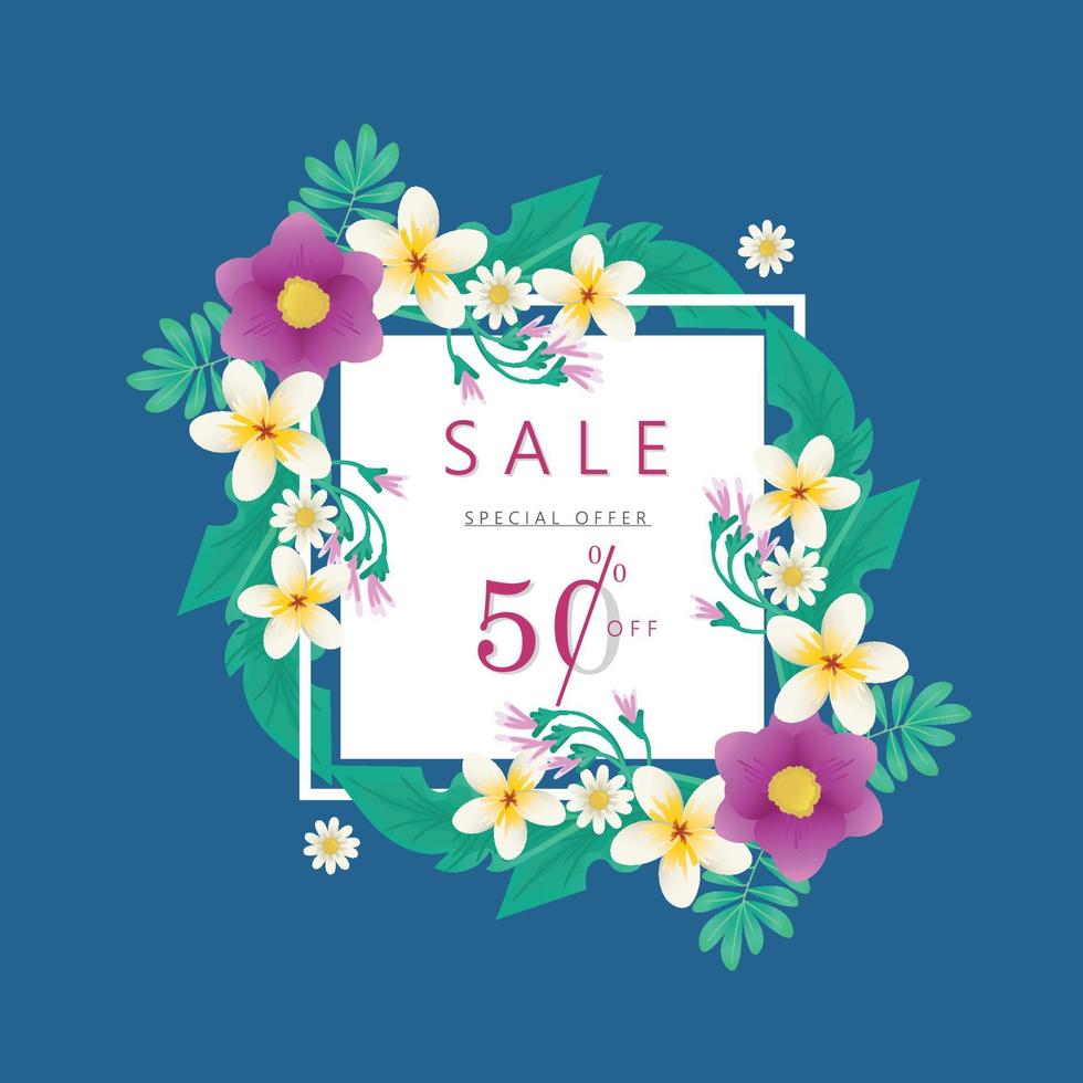 bannière de vente printemps été avec des fleurs sur fond bleu foncé. bannière parfaite pour les promotions, les magazines, la publicité, les sites Web. eps10 v1. vecteur