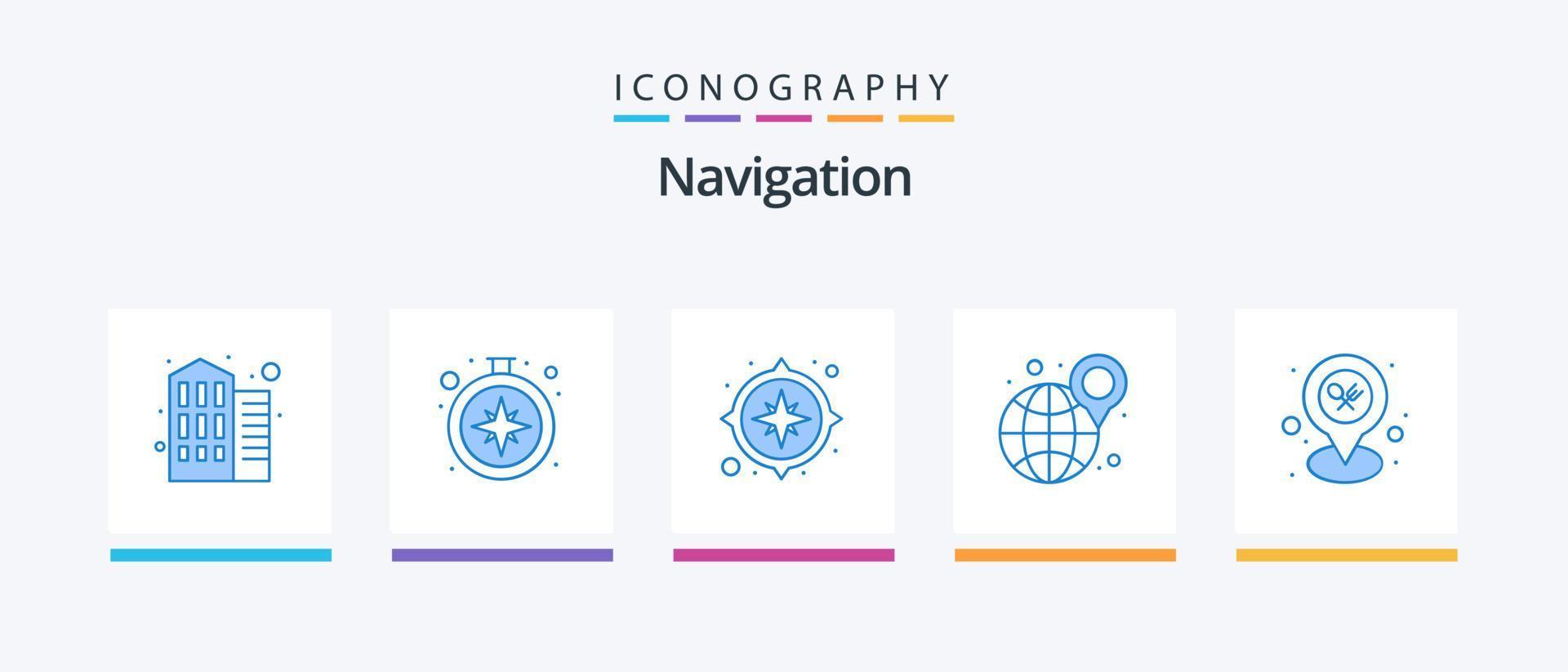 pack d'icônes bleu de navigation 5 comprenant. carte. GPS. le restaurant. carte. conception d'icônes créatives vecteur