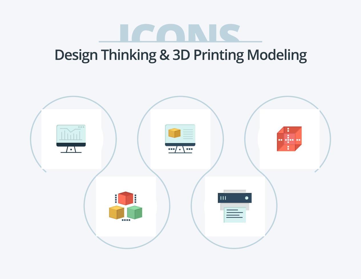 design thinking et d printing modeling flat icon pack 5 icon design. . éducation. boîte. impression. imprimante vecteur