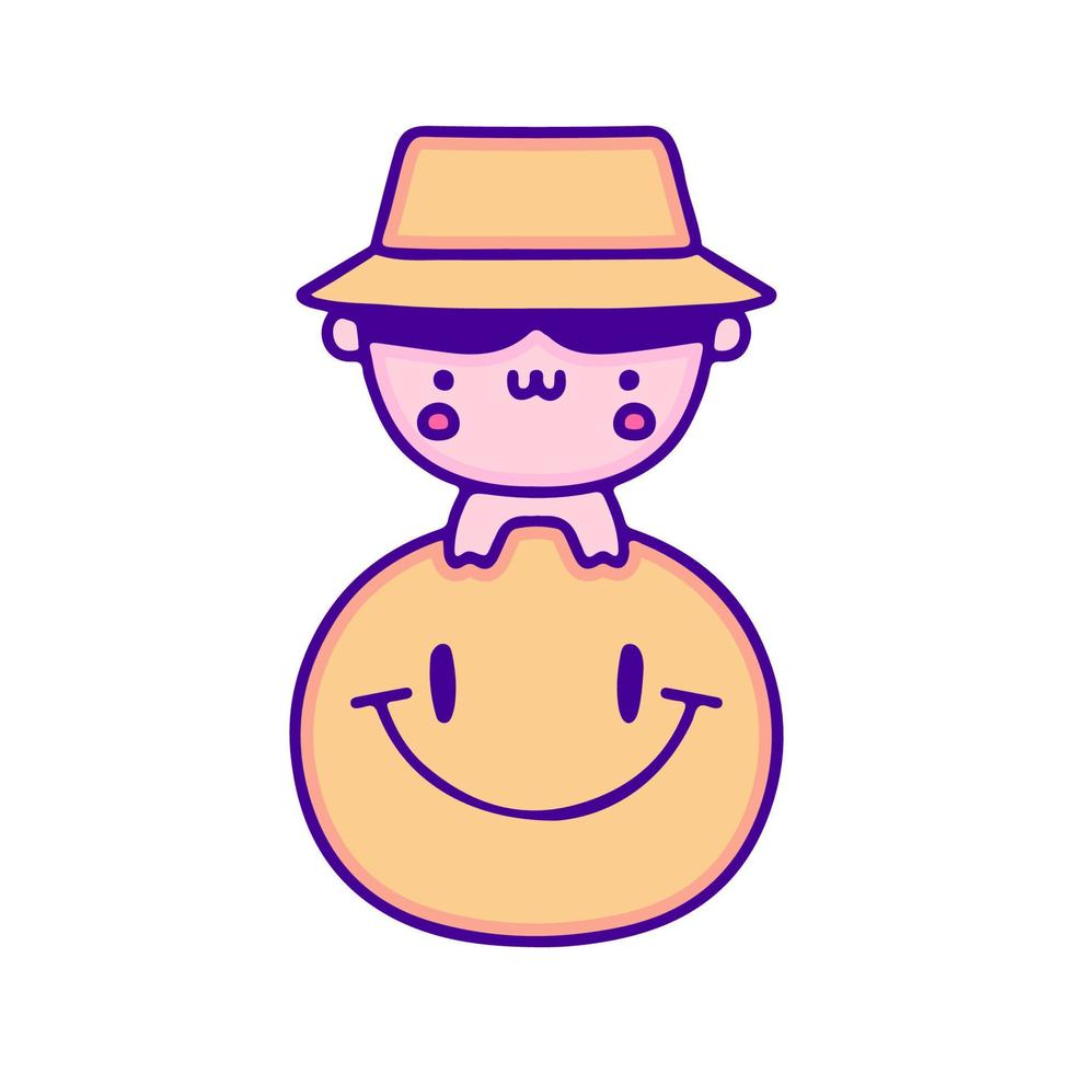 bébé mignon en chapeau de seau avec art de doodle de symbole de visage souriant, illustration pour t-shirt, autocollant ou marchandise de vêtements. avec un style pop et kawaii moderne. vecteur